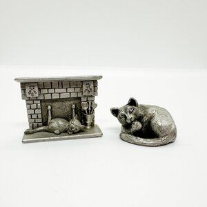 Vintage 90's Pewter Sleeping Cats Set Kitten Cat Fireplace Fall Cottagecore Farm